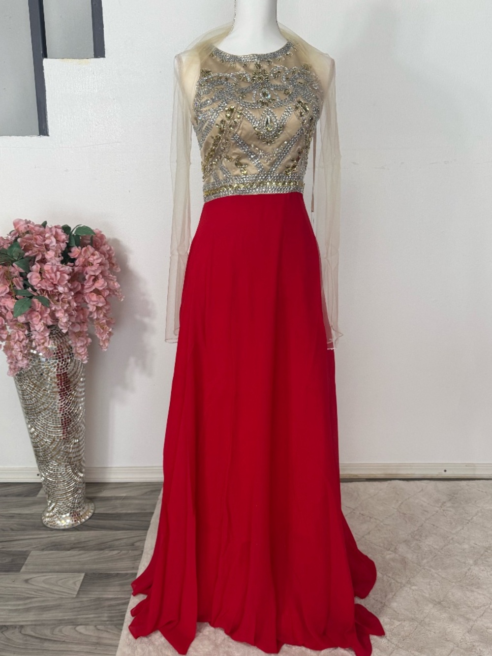 Red Chiffon Formal Gown with Heavy Rhinestone Crystal Bodice & Shawl- size 6